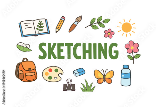 Spring and summer hobby concept focused on sketching plants, flowers, and landscapes outdoors using a nature journal as a creative mindfulness activity in parks and gardens. SKETCHING title