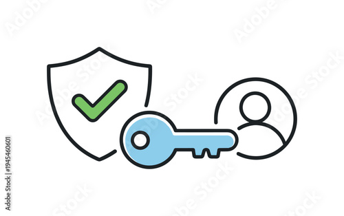 Secure password protection and safe digital account access in modern online services used by individuals and businesses, a simple key beside a shield and a small user profile symbolizing