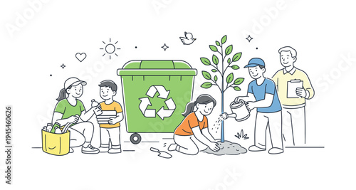 A group of neighbors organizing a local clean environment initiative and encouraging responsible habits in their community space, visual metaphor of a large recycling container placed beside