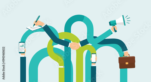 Multitasking Business Collaboration Vector Illustration with Intertwined Arms Holding Megaphone, Briefcase, Smartphones, and Pen for Teamwork and Communication Concepts