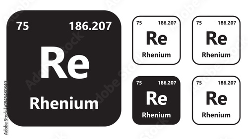 Rhenium element icons, featuring atomic number 75, symbol Re, and atomic mass 186.207 in various black and white styles.