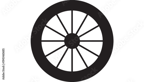 Wheel spokes classic black silhouette for transportation and motion on a white background, simple clean design.
