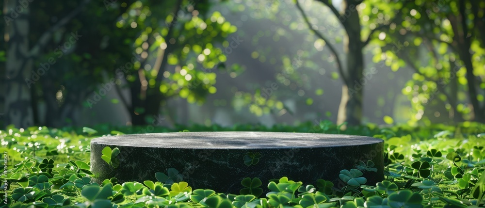 Obraz premium Empty stone podium on a green clover meadow with a blurred sunlit forest background. St. Patrick's Day product display mockup.