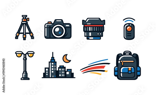 Urban night photography essentials: tripod stand, DSLR camera, wide-angle lens, camera remote, street lamp, city skyline, light trail streak, camera backpack