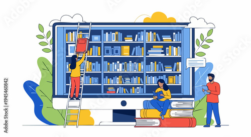 Online Digital Library Vector Illustration with People Reading and Organizing Books on a Large Computer Screen Shelf