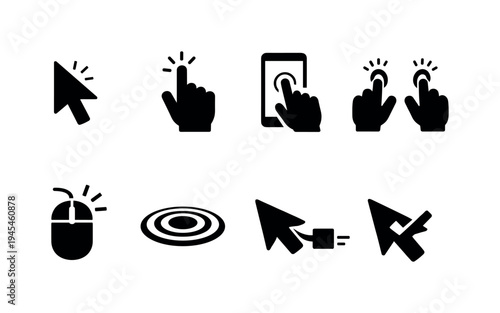 Click and tap interaction: mouse cursor arrow, hand pointer finger, smartphone tap finger, double tap gesture, mouse click button, touchscreen ripple circle, drag and drop cursor, cursor