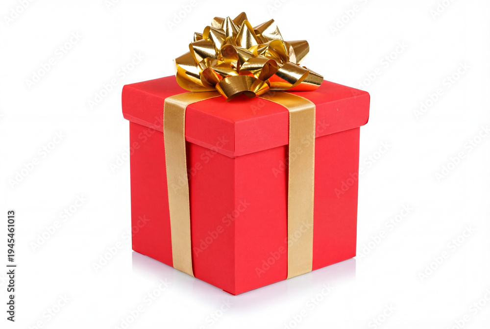 Obraz premium Red Gift Box with Golden Ribbon Bow Isolated on White Background, Holiday Present Package Celebration Concept
