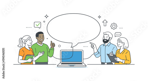 A diverse team of professionals improving communication and transparency during an important project update meeting, gathered around a large speech bubble connected to a simple laptop that