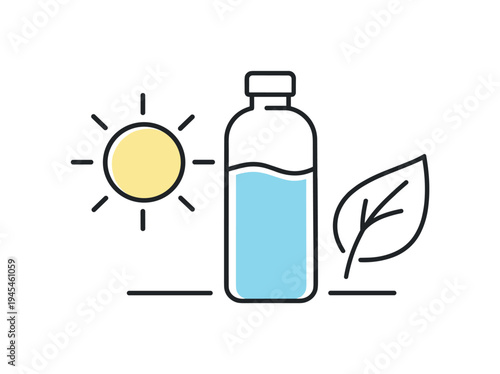 Healthy daily routine supporting energy, balance, and sustainable personal wellbeing in modern lifestyles, a simple sun beside a water bottle and a leaf symbolizing vitality, hydration, and