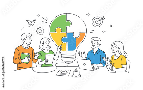 Young professionals collaborating during a creative planning session to develop new ideas and innovative solutions for a shared project, visual metaphor of a large light bulb connected with