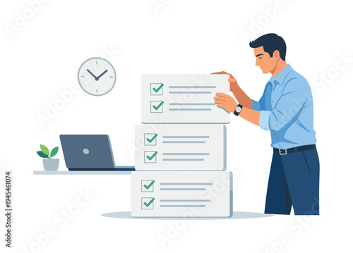 A focused entrepreneur organizing priorities for an important project deadline in a modern business environment, representing productivity and strategic time management, visual metaphor of a