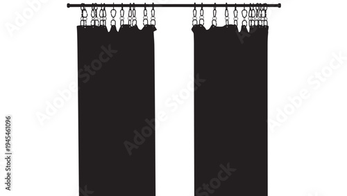 Curtains black silhouette with hanging rings on a curtain rod, a clean minimal design for interior decoration.