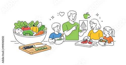 A family preparing healthy meals together while learning about balanced nutrition and mindful food choices at home, visual metaphor of a large bowl of fresh vegetables beside a cutting board