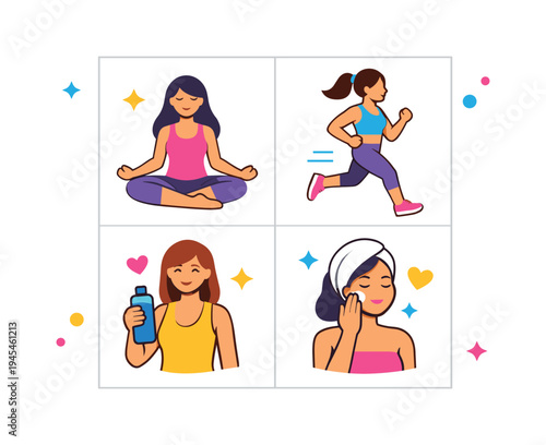 Healthy lifestyle for women focusing on self care, wellness routines, and positive daily habits that support mental and physical wellbeing, represented through four clear icons including a