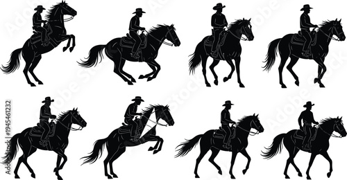 Black cowboy silhouette illustration set, horse riding vector artwork, western equestrian design sketch, stylized rider motif, dynamic horse motion drawing, decorative pattern