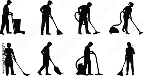 Cleaning service worker silhouettes collection with janitors sweeping, vacuuming and mopping isolated on white background for housekeeping, sanitation, maintenance and professional cleaning concept.