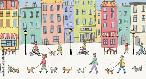 Charming street scene with people walking dogs and riding bicycles in a colorful, cartoonish city