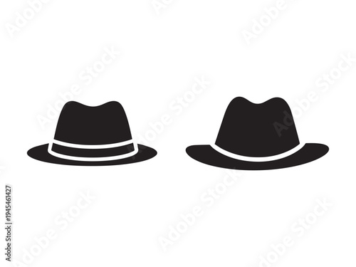Two black fedora hats with white bands on white background  simple iconic headwear silhouettes