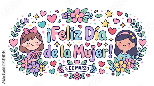 Joyful International Women's Day lettering with two adorable cartoon girls, vibrant flowers, and hearts, celebrating unity and empowerment on March 8th