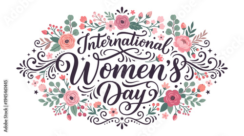Elegant vector illustration of International Women's Day, featuring a decorative floral wreath with blooming flowers and graceful script typography, celebrating women empowerment