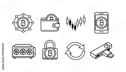 Cryptocurrency trading: coin with blockchain nodes, digital wallet, candlestick chart, smartphone with crypto coin, mining rig machine, secure padlock with coin, exchange arrows circle