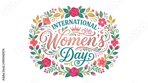 Elegant floral illustration celebrating women's achievements and empowerment, perfect for International Women's Day events and promotions, featuring decorative lettering and vibrant blossoms