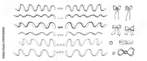 Whimsical wavy lace wedding element set. Doodle ink text dividers, ribbons, bows for invitation. Menu, page frame underline shapes. Party coquette girly bow emphasis border lines. Vector separator.