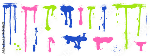 Spray paint drip set in neon blue, pink and green. Colorful paint spray drips with glow drop texture and ink elements. Urban vector collection for gaming event and social post isolated on white bg.