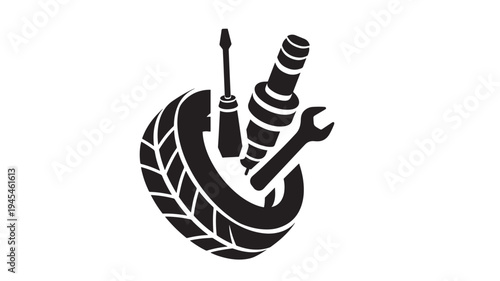 Tire with tools like a wrench, screwdriver, and spark plug symbolizes auto repair services and mechanical expertise.