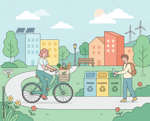 Eco-friendly urban living with recycling bins.