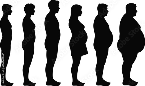Human body weight stages silhouettes thin to obese people body transformation obesity overweight health concept male female figures isolated on white background