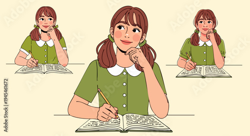 Young Asian girl student with pigtails in green dress thinking and writing in a book, with two smaller versions of herself in the background, hand-drawn vector illustration