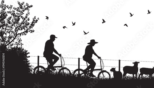 Silhouettes of two people riding bicycles past sheep and birds in flight beside a barbed wire fence.