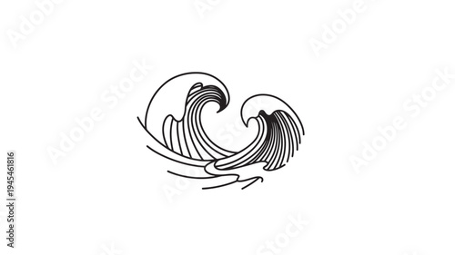 Waves line art icon with simple black curves depicting oceanic water motion and natural sea elements, isolated on white.