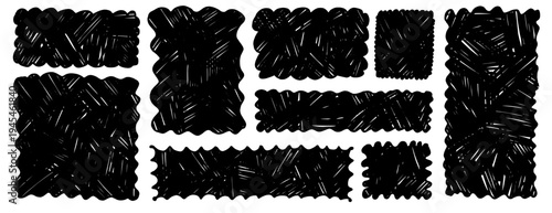 Wavy organic rectangles. Scalloped grunge geometric frames set. Text boxes with wiggle edges. Urban street scratched wall rectangular figures. Vector quote charcoal tags with geometrical forms no bg.