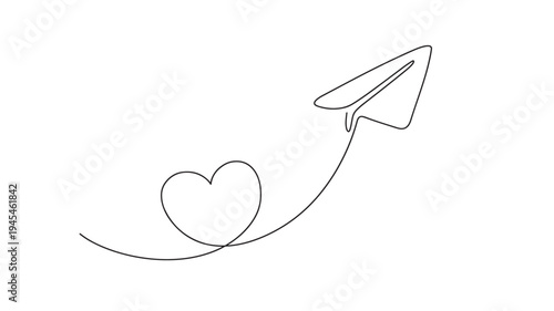 Paper airplane flying with a heart shaped trail, symbolizing love and travel, rendered in a minimalist single line drawing.