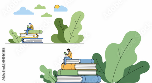 Flat vector illustration of people reading books, sitting on stacks of colorful books surrounded by green leaves and clouds, representing education, knowledge, and learning concepts.