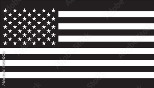 Flag stars and stripes in black and white, representing the United States of America in a monochromatic design for graphic use.
