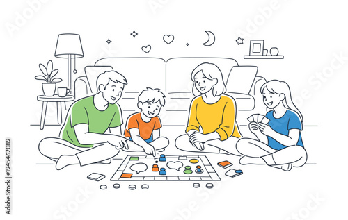 A family spending quality time together at home during a relaxed evening routine, gathered around a large comfortable sofa and sharing a simple board game that symbolizes connection