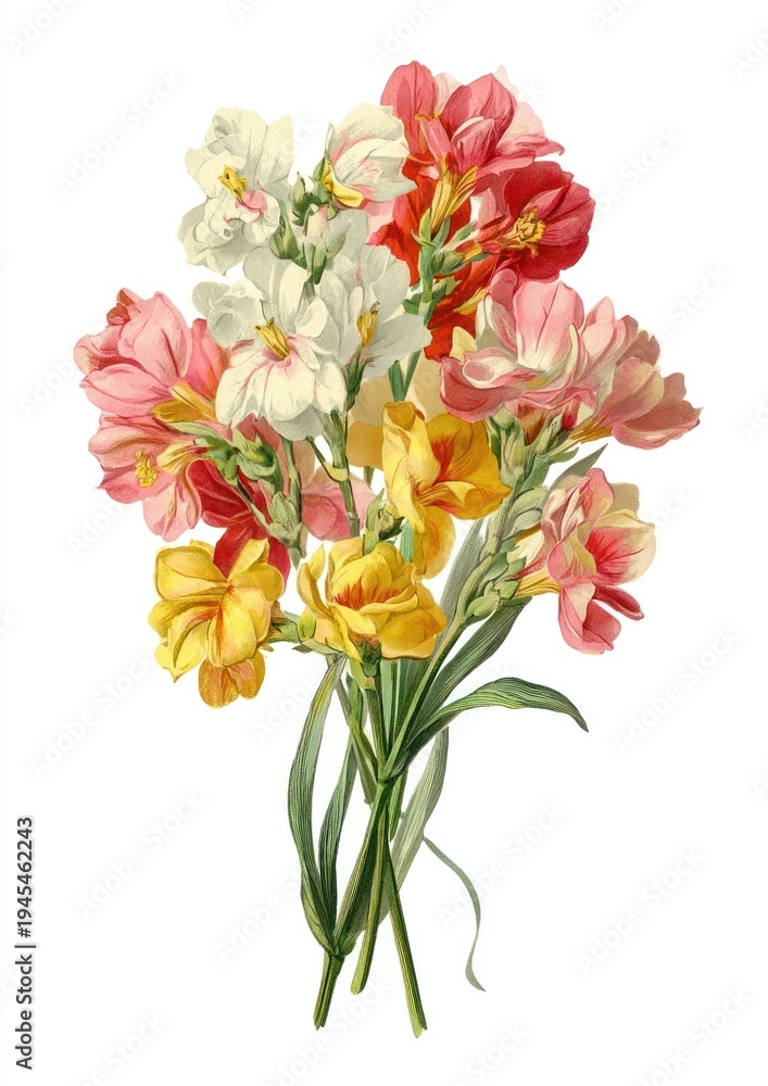 Fototapeta premium Vibrant vintage floral illustration bouquet.