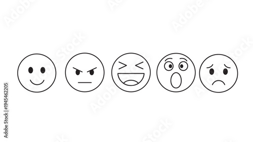 Emoticons set with various facial expressions including happy, angry, laughing, surprised, and sad in simple black line art style.
