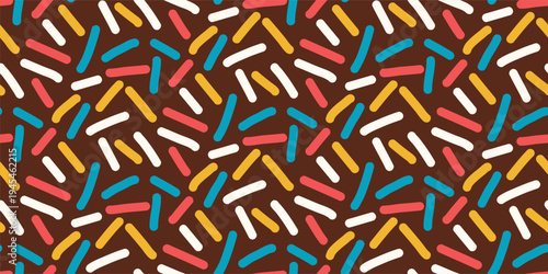 Chocolate sprinkles seamless pattern. Small dash brown donut background with confetti. Birthday vector surface design. Simple short lines repeat illustration. Funky design for parties in vibrant color