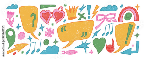 Colorful funky crayon speech bubbles. Hand drawn talk text boxes frames with scribbles set. Funky crayon chalk clouds, callout shapes. Kids chat frames. Crown, exclamation marks, star, arrow isolated.