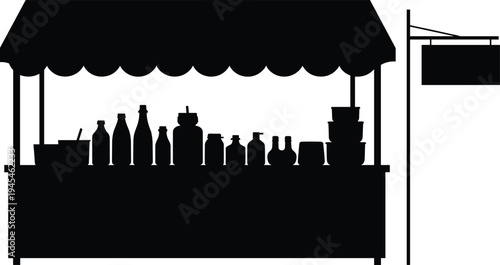 Street market stall silhouette with bottles, jars and containers under canopy shop stand signboard isolated on white background for retail, grocery and vendor concept.