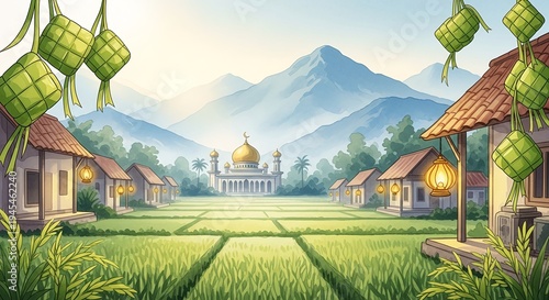 Serene Watercolor Eid Mubarak Illustration of Village, Mosque and Paddy Field