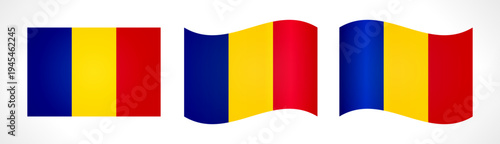 Romanian national flag, 3D design. Graphic set with flat and waving concepts. Flag of Romania icons