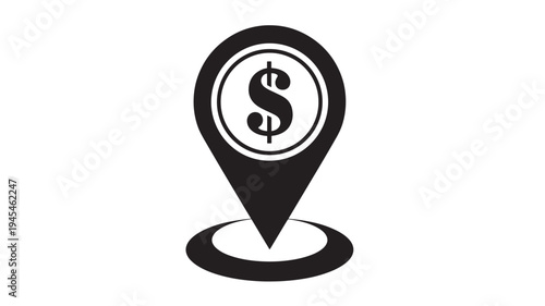 Location pin icon with a dollar sign symbol inside a circle signifying financial destination or investment opportunities.