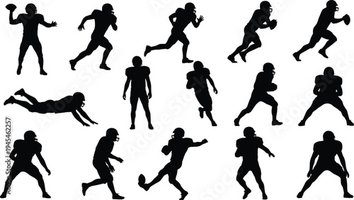 Set of American football player silhouettes in action poses including quarterback passing running with ball catching and kicking vector illustration isolated on white background athletic competitionSe