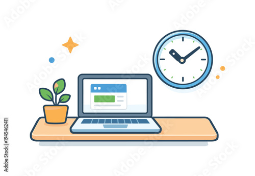 Remote work organization and comfortable home office productivity supporting flexible professional lifestyles and independent work routines, a laptop on a tidy desk paired with a small plant