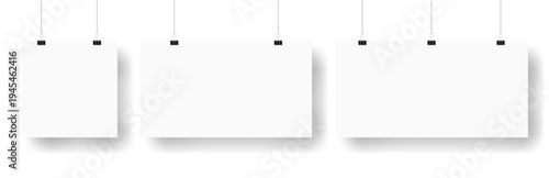 Blank paper sheets hanging on binder clips. Collection of paper pages, sheets canvas hanging on a ropes. Vector illustration with realistic paper sheets isolated on checkered background.